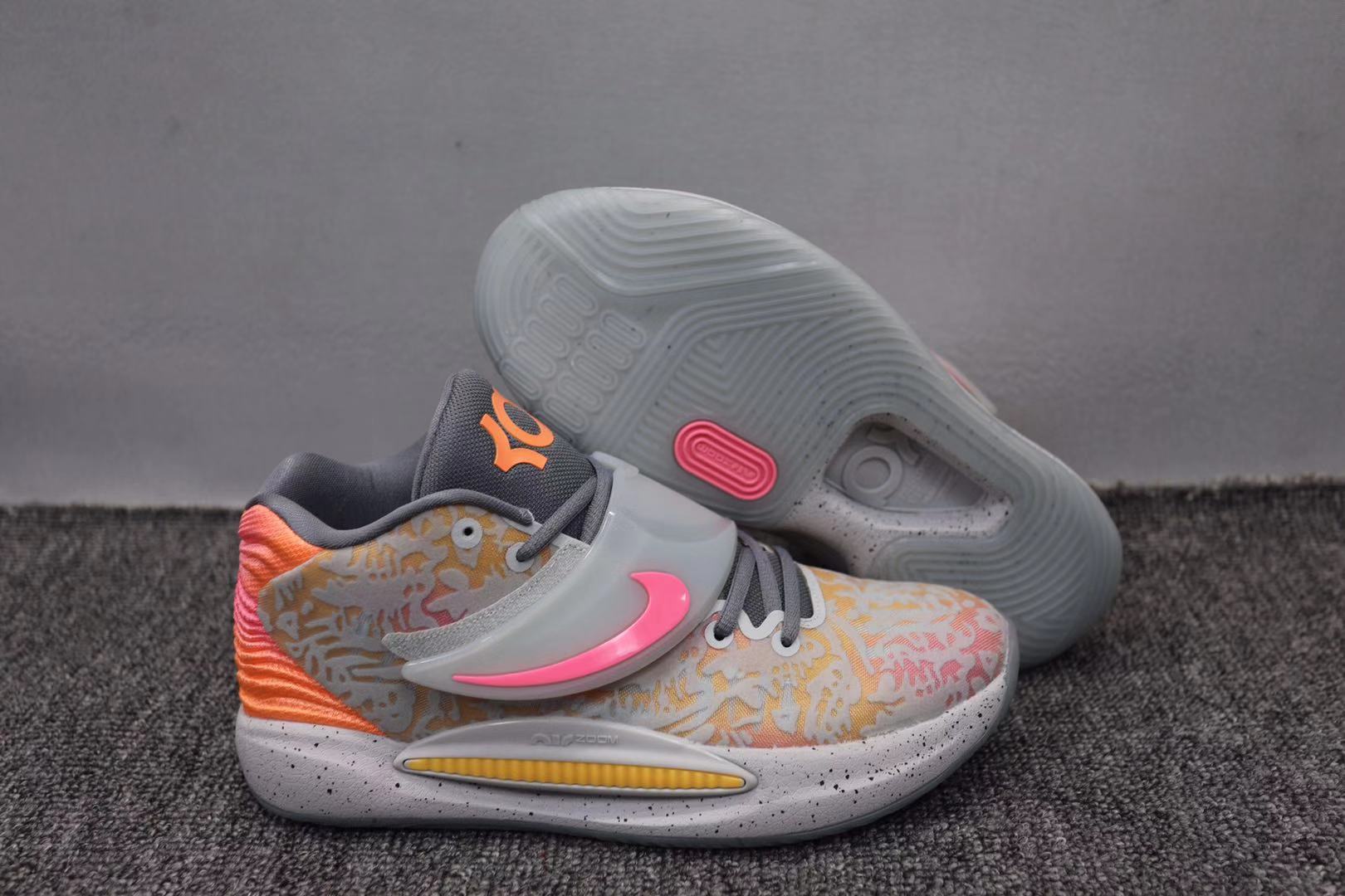 2021 Nike Kevin Durant 14 Grey Pink Yellow Basketball Shoes - Click Image to Close